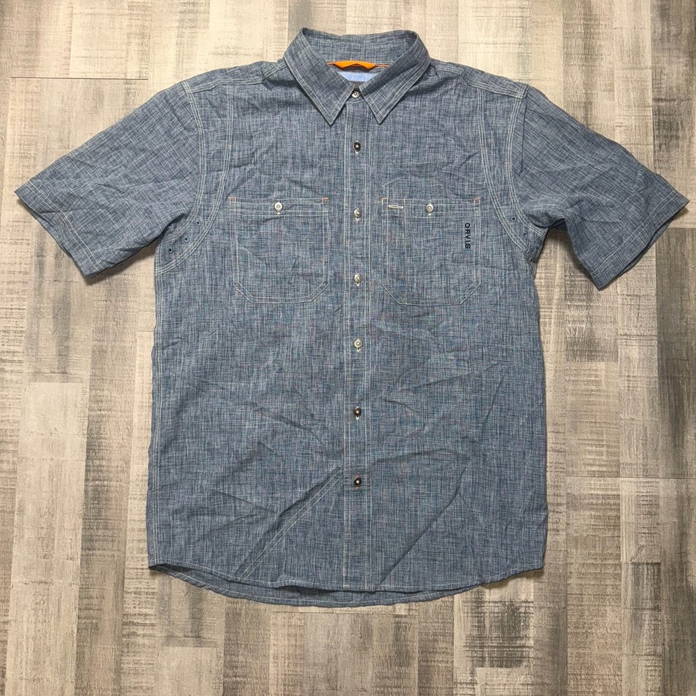 Orvis Tech Chambray Active Fit Short Sleeve Button Down Shirt Mens Medium Blue